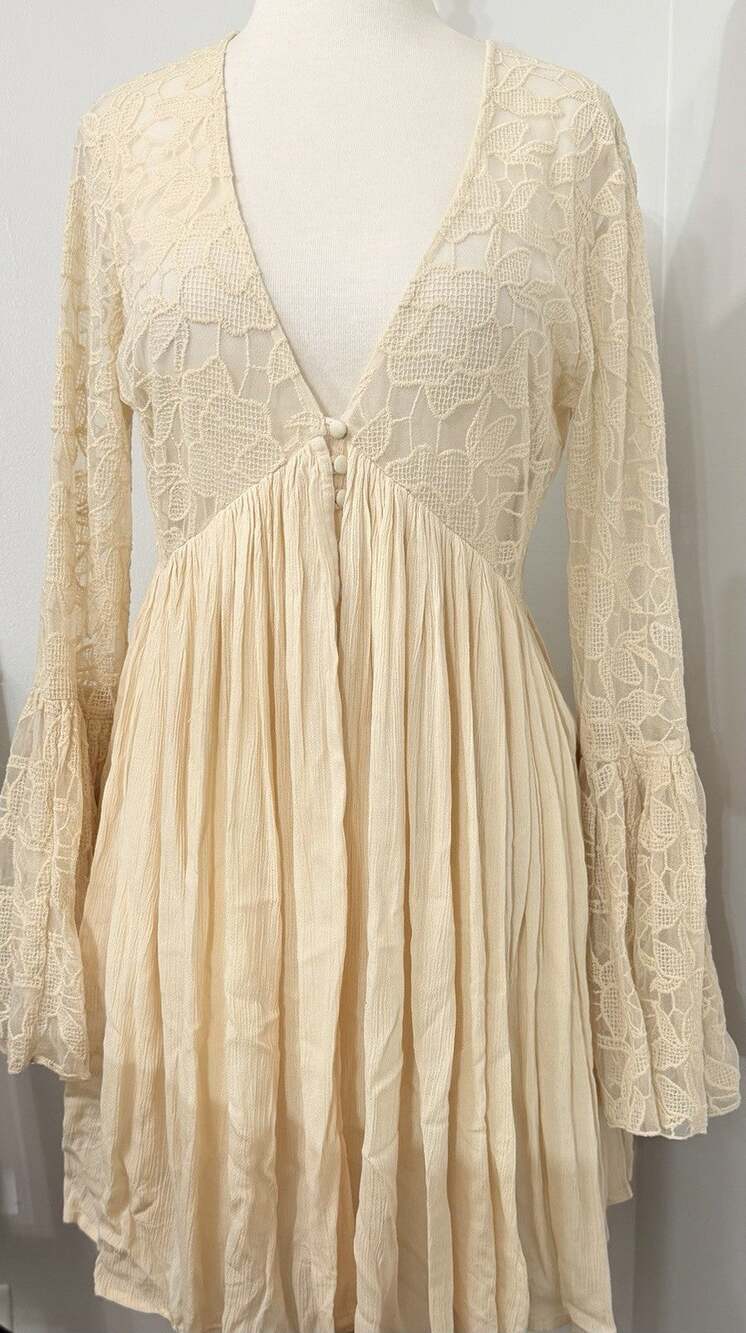 Free People 'With Love From India' Ivory Mini Boho Lace Dress, Sz Small
